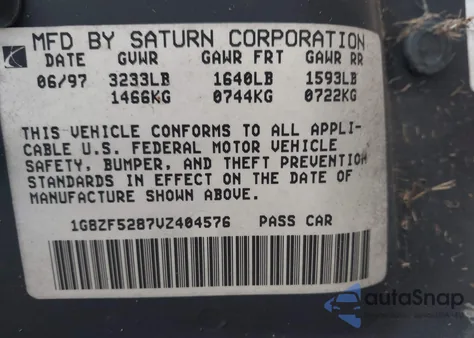 1997 Saturn Sl from USA, damaged, VIN 1G8ZF5287VZ404576